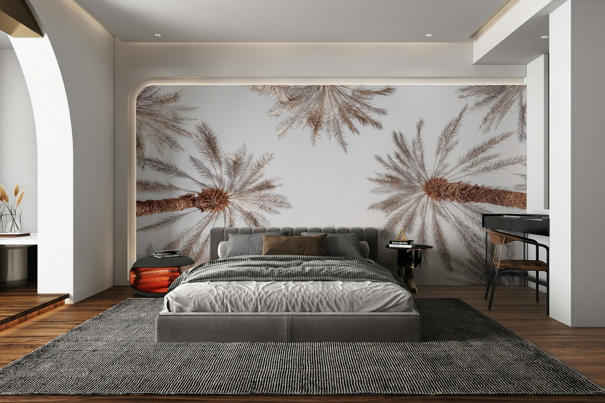 The composition is dynamic, with the trees arranged in a circle.

