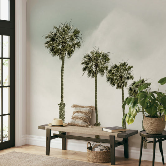  Coastal vintage mural featuring swaying palm trees

