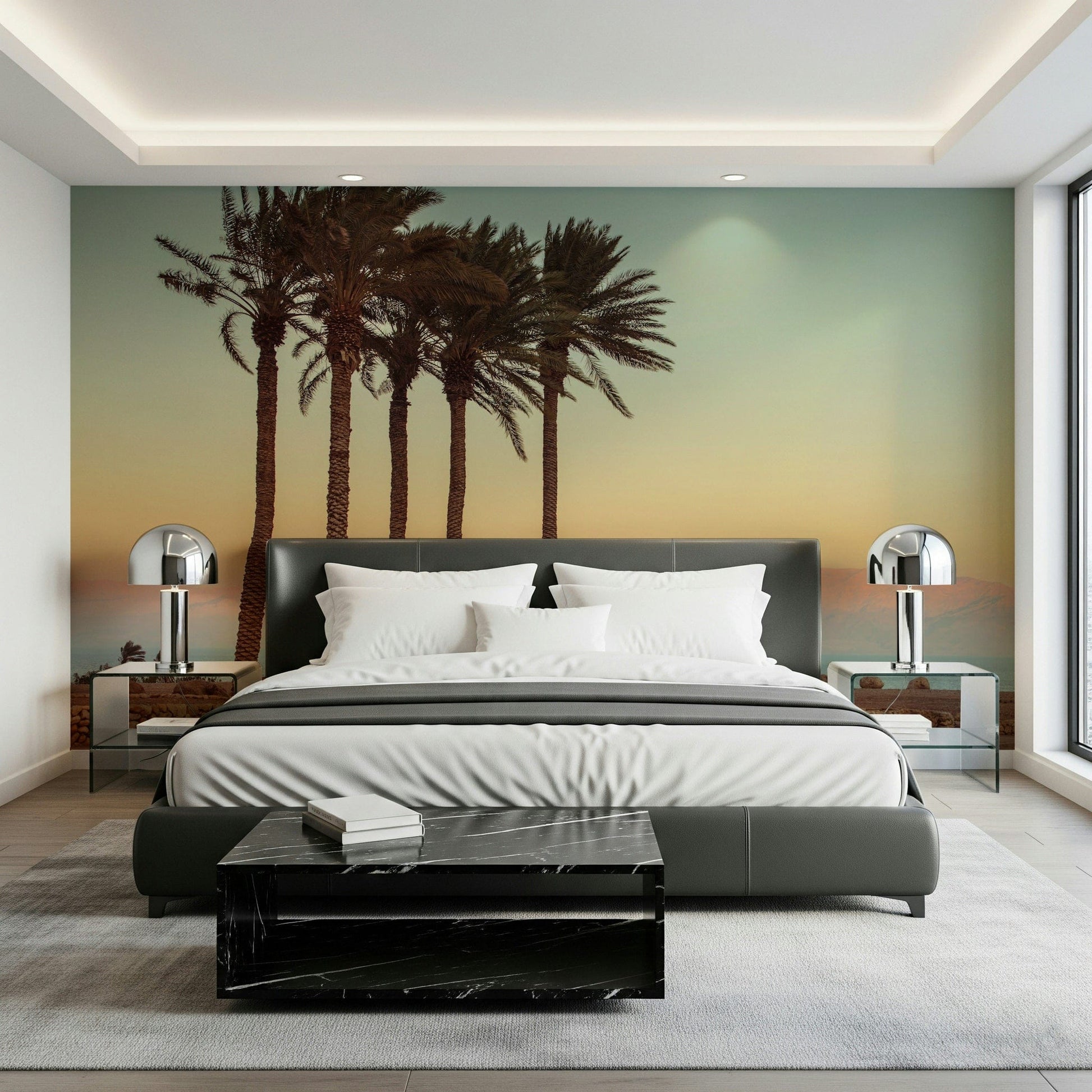 Silhouette of palms, stunning Palm Trees on Beach mural wallpaper.