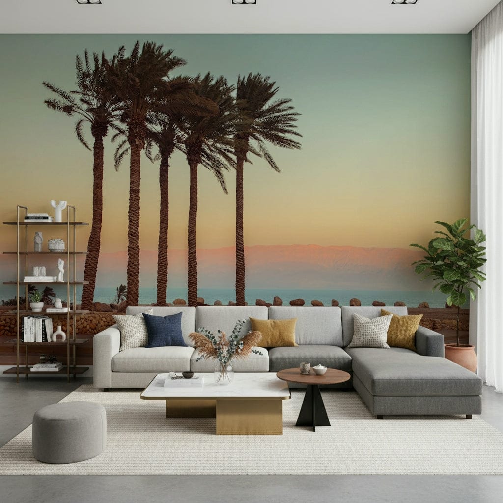 Seaside tranquility with Palm Trees on Beach decorative wallcovering.