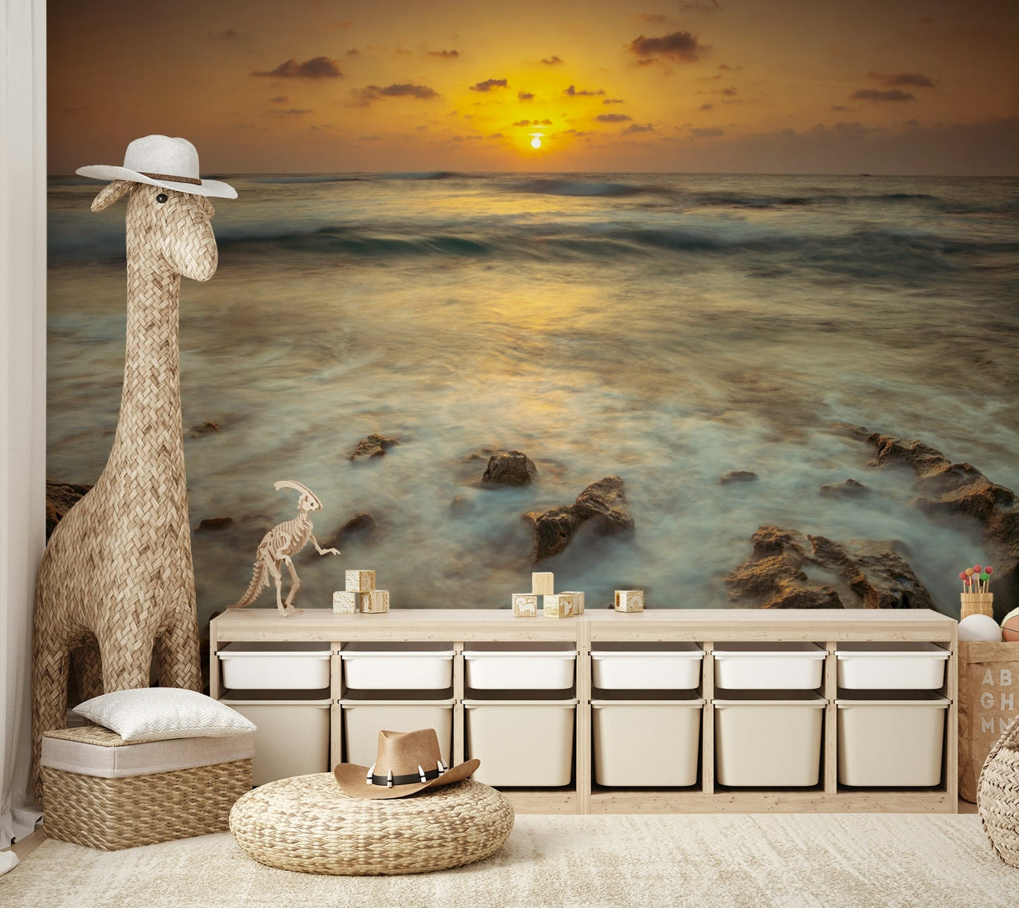 Tranquil evening mural with sea and sun

