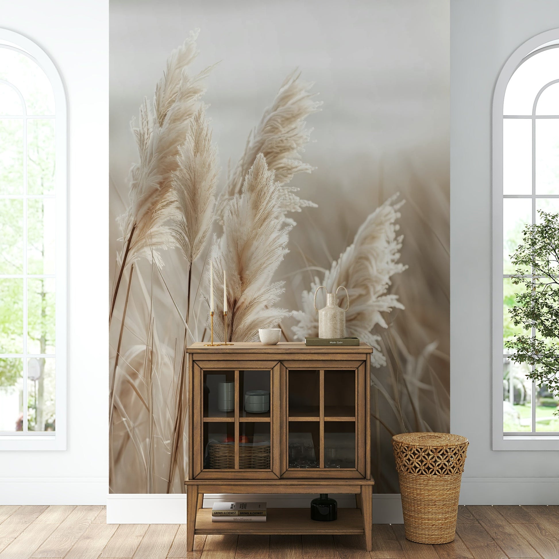 Serene pampas grass and sea scene mural for wall decor

