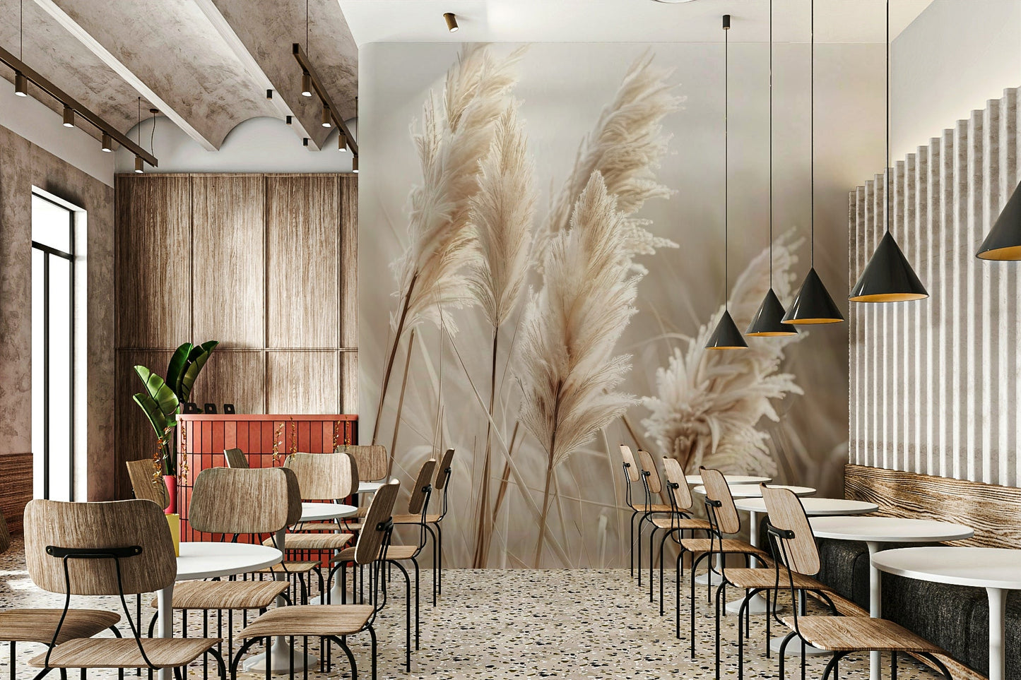 Tranquil pampas grass by the sea wall mural for peaceful spaces

