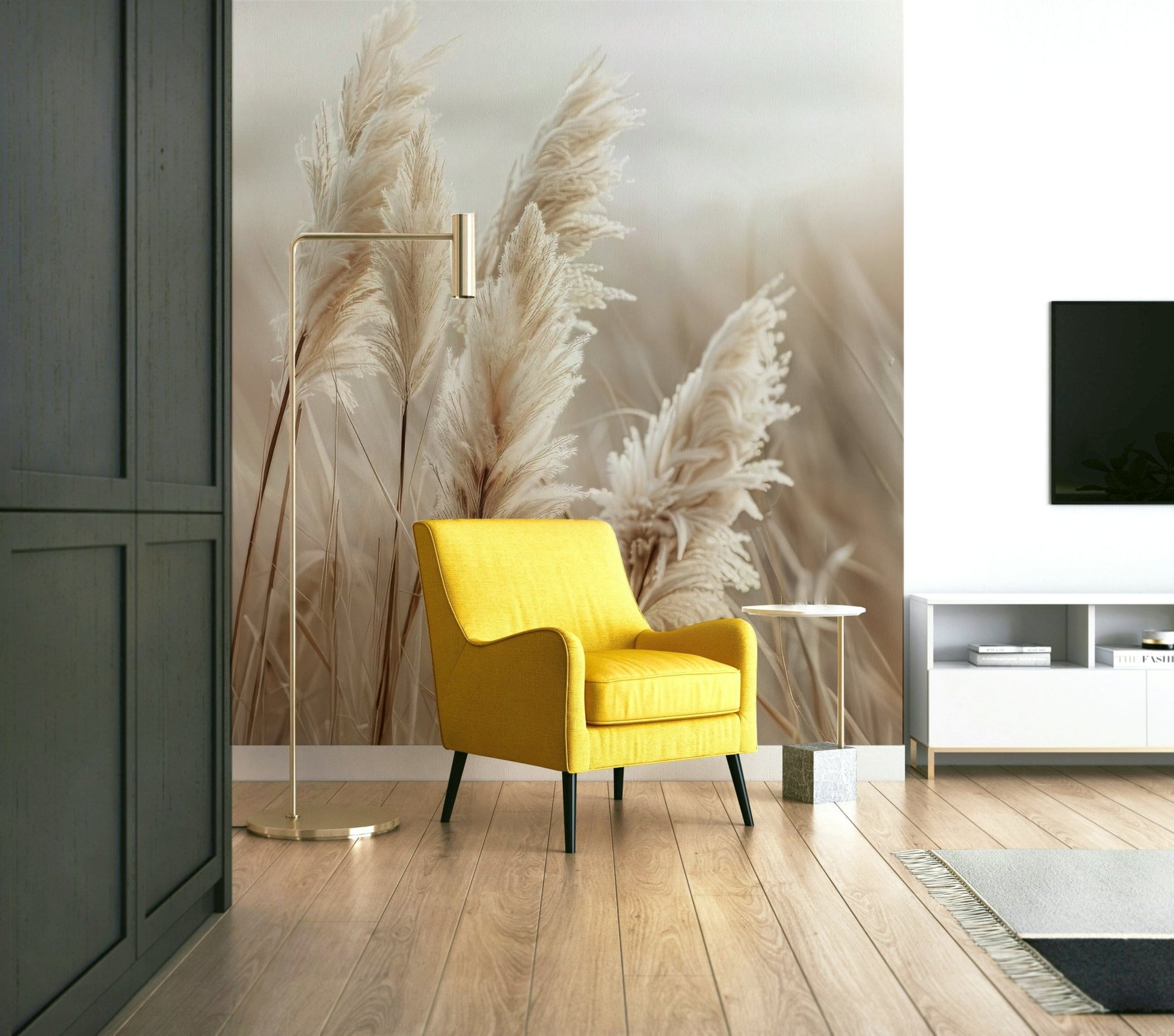 Pampas Grass by the Sea Wall Mural with soft coastal hues

