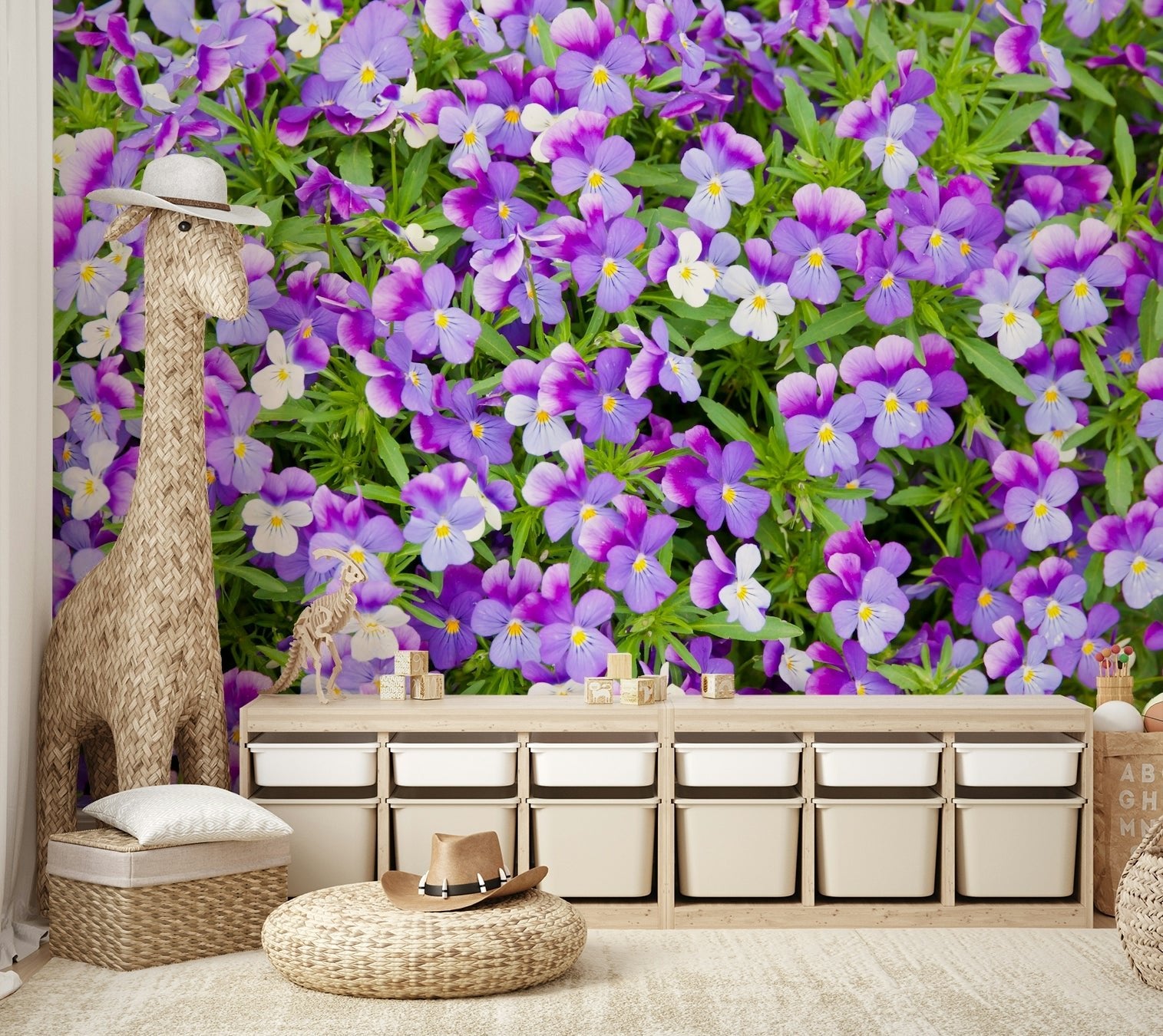 Vivid pansy bloom wallpaper for sunroom
