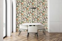 Botanical wallpaper featuring exotic birds amongst blooming flowers and leafy stems.