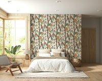 Paradise Perch wallpaper featuring colorful birds perched on branches with vibrant flowers and leaves.