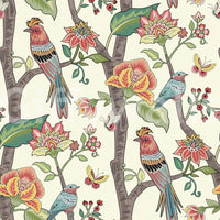 Detailed nature wallpaper featuring colorful birds sitting on branches with vivid floral accents.