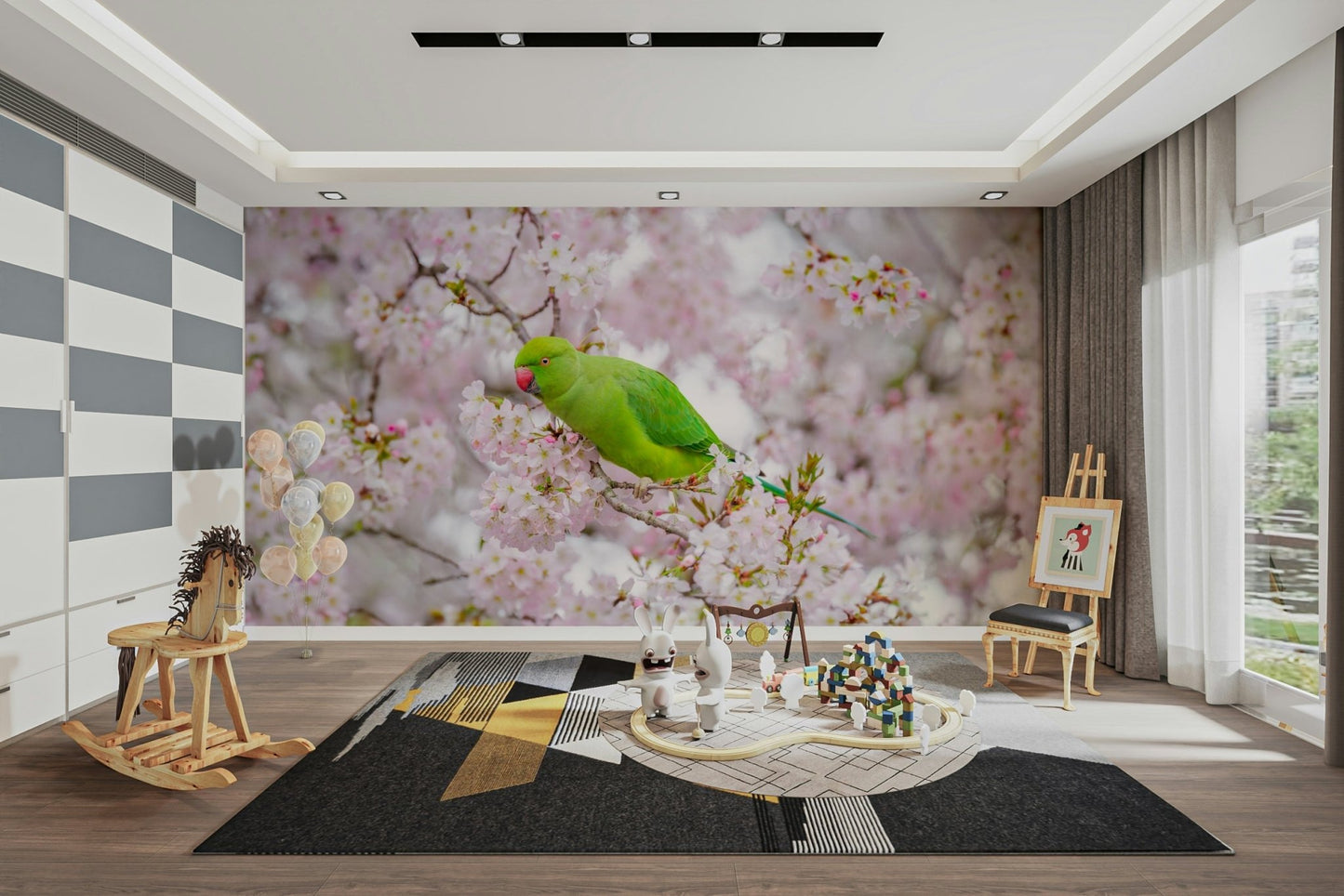 Peaceful parakeet wallpaper with blooming tree backdrop.

