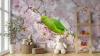 Colorful bird and floral mural with fresh pink and green tones.

