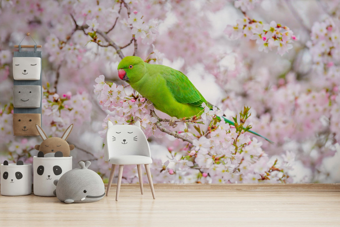 Parakeet and cherry flower wall design for bright interiors.

