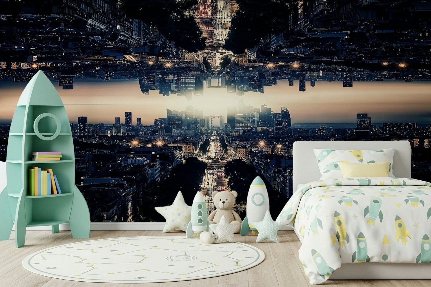 Infinite skyline perspective Parallel Universe wall mural.