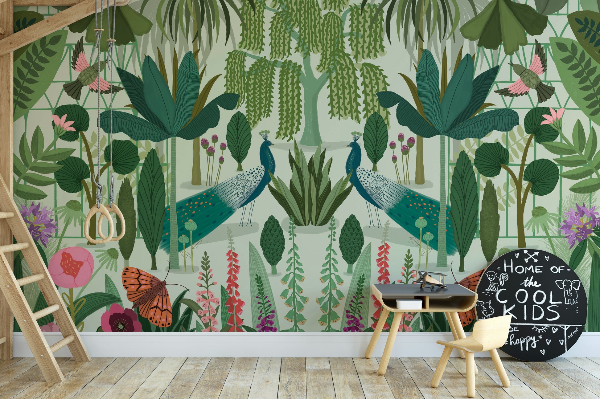 Contemporary flat feature wall with a large scale scenic garden view.