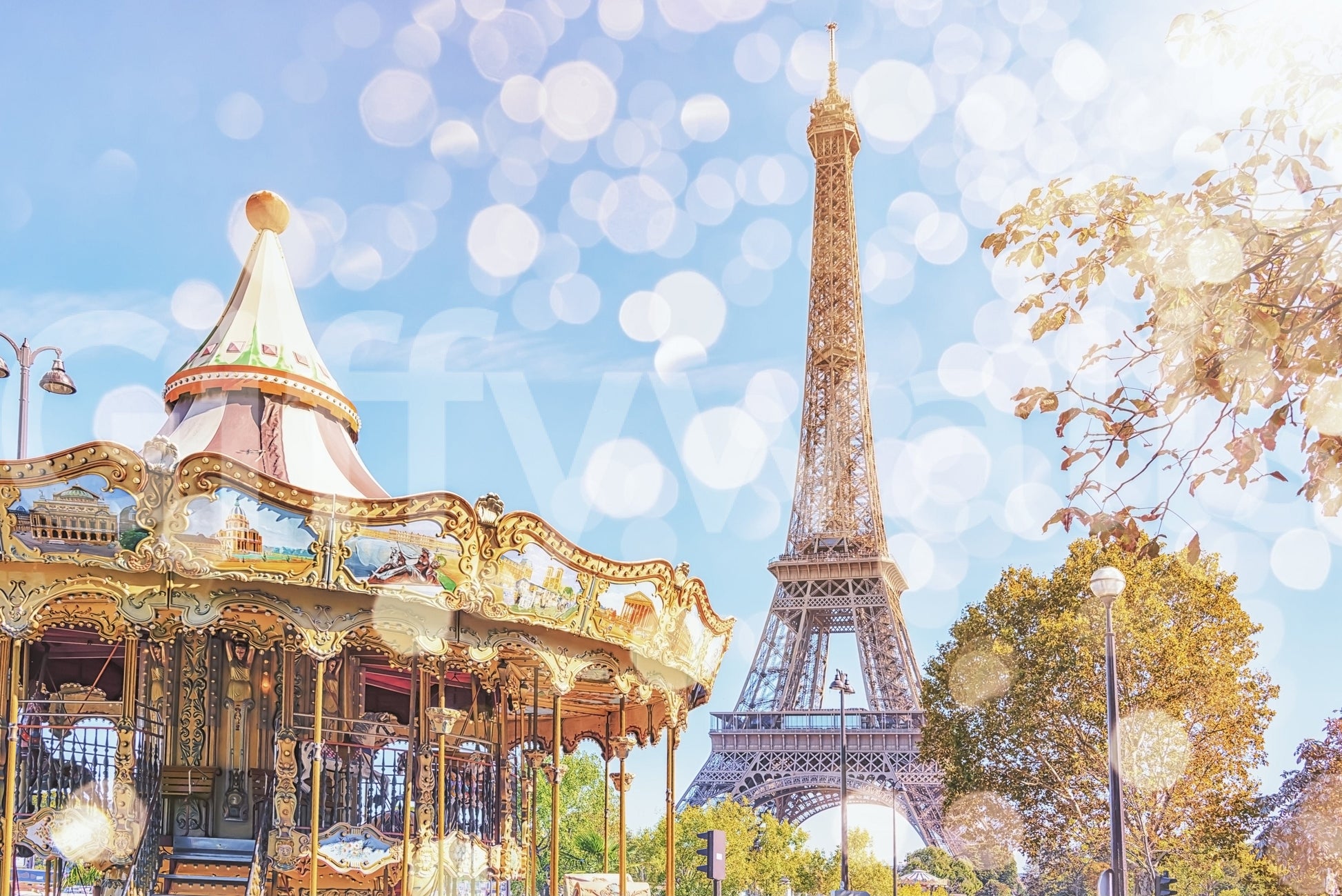 Aesthetic city view Parisian Carousel Dream wallpaper for walls.