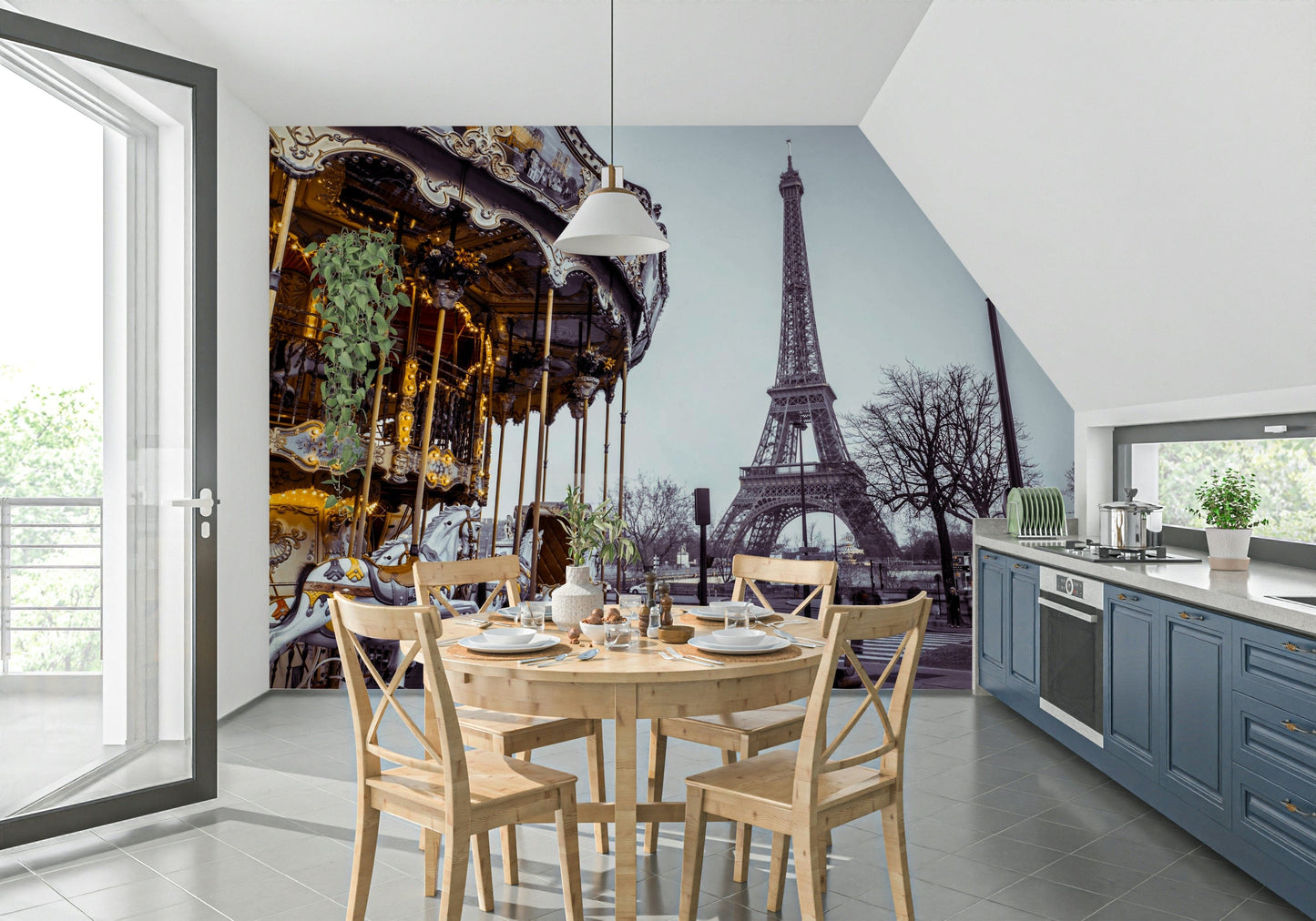 Charming European cityscape captures essence of Carousel Dreams wall mural.