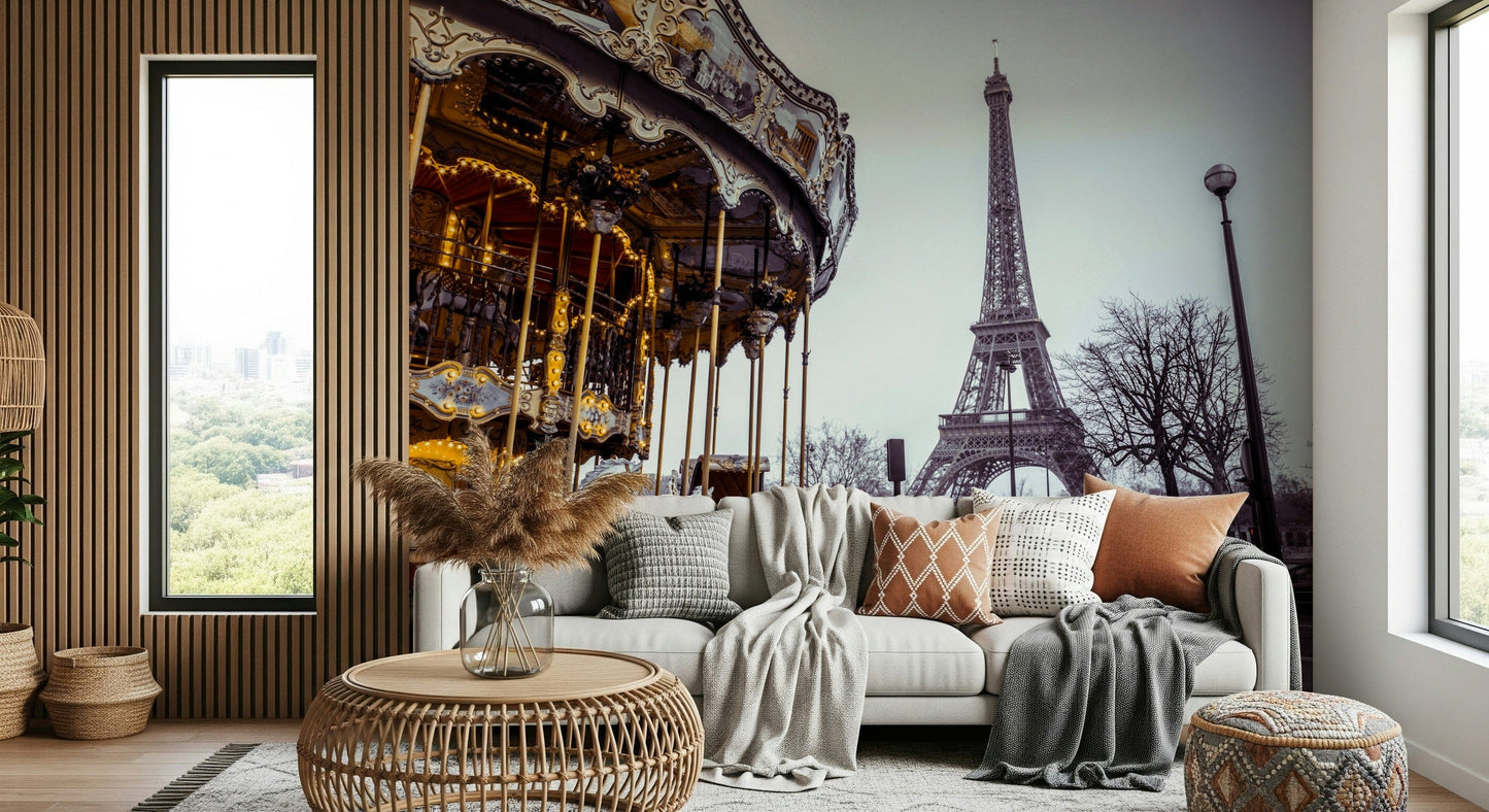 Ornate painted horses feature on Carousel Dreams peel and stick wallpaper.