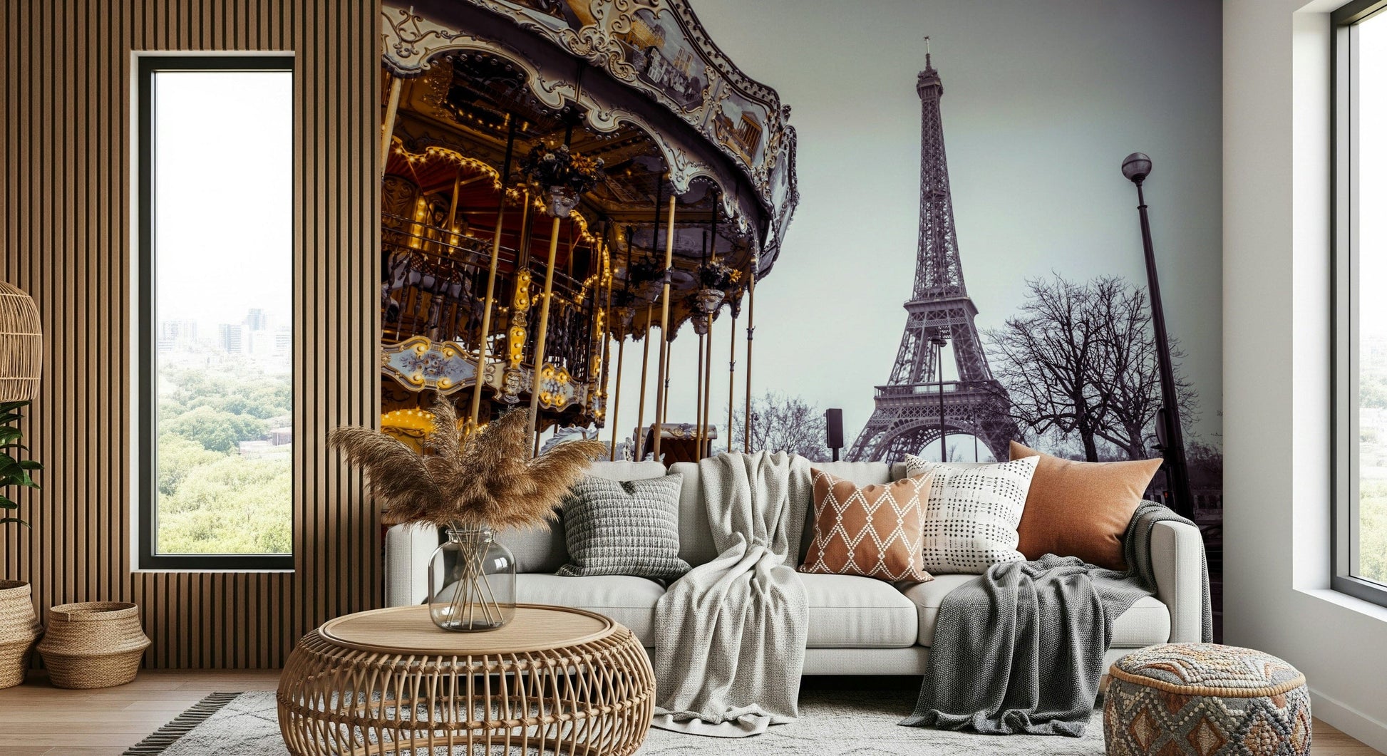 Ornate painted horses feature on Carousel Dreams peel and stick wallpaper.