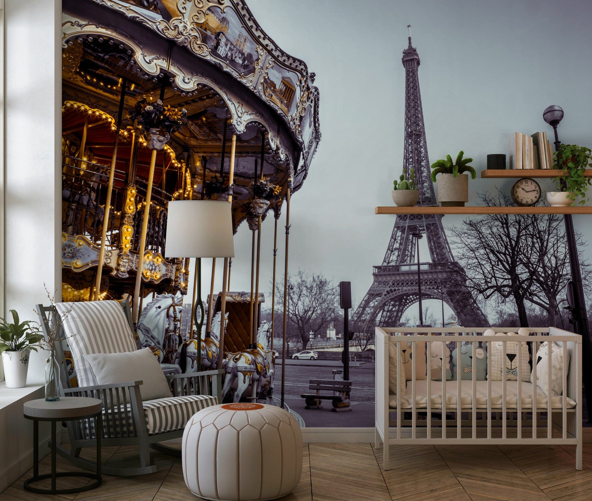 Antique amusement ride details on Carousel Dreams wall mural with overcast sky.