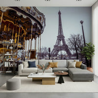 Romantic city street scene adorns this Carousel Dreams wallpaper for walls.