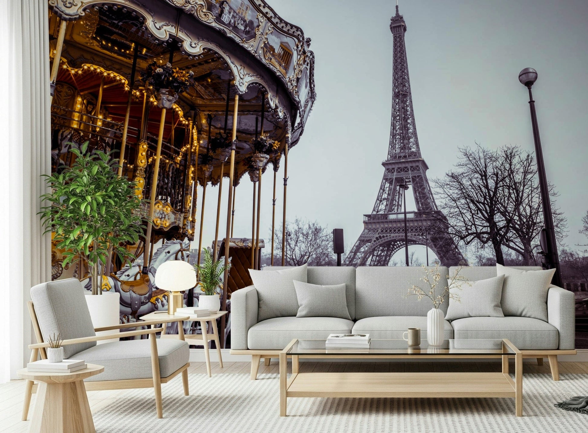 Grey scale Eiffel Tower view on Carousel Dreams wall mural for living room.