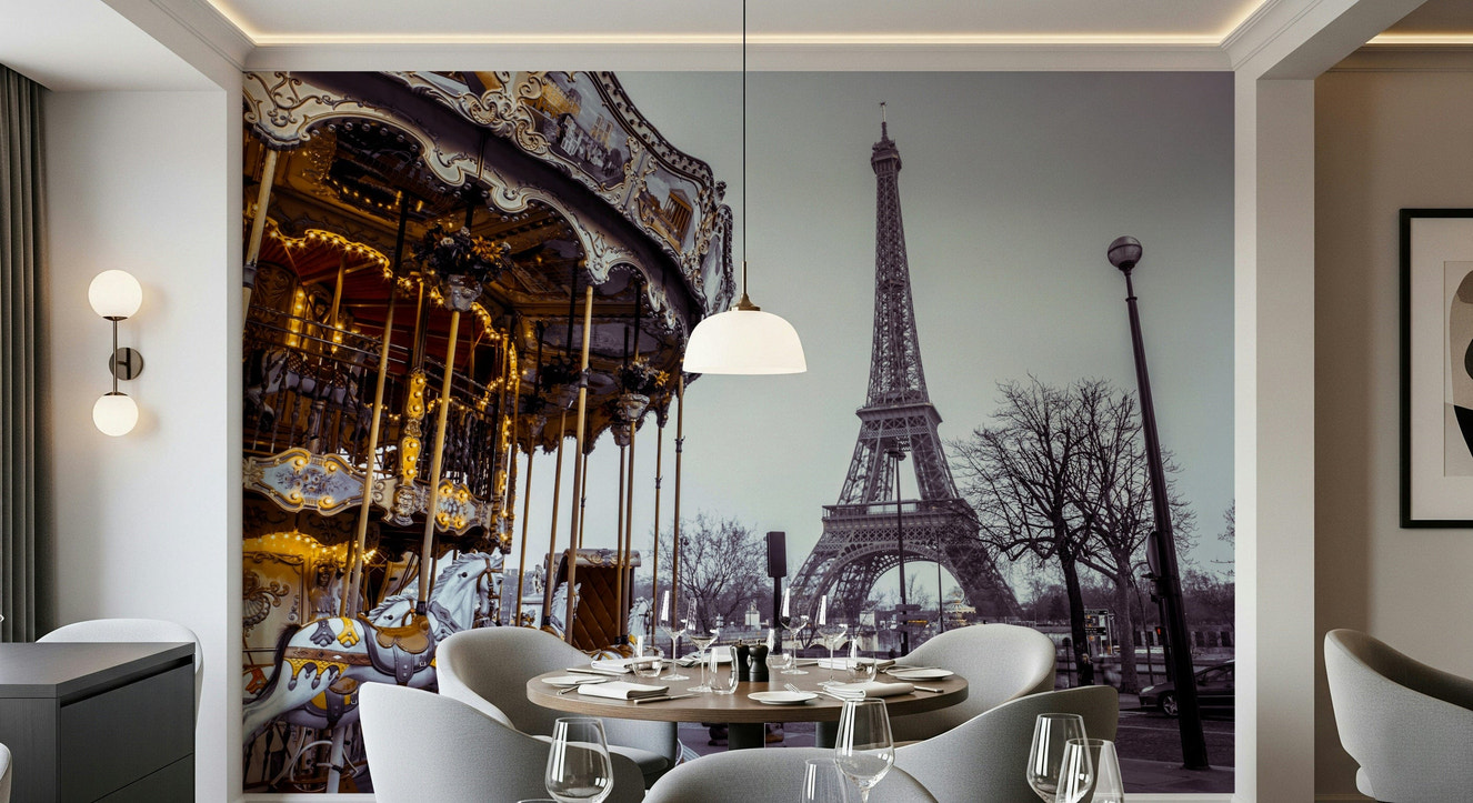 Scenic holiday memory captured on Carousel Dreams wall mural for feature wall.