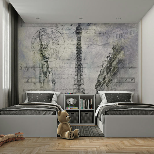 Paris collage mural with Eiffel Tower and script

