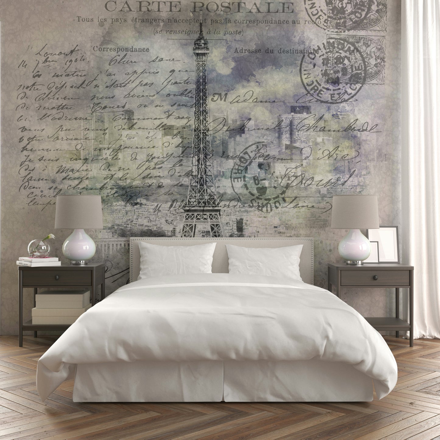 Paris cityscape mural with collage-style layering

