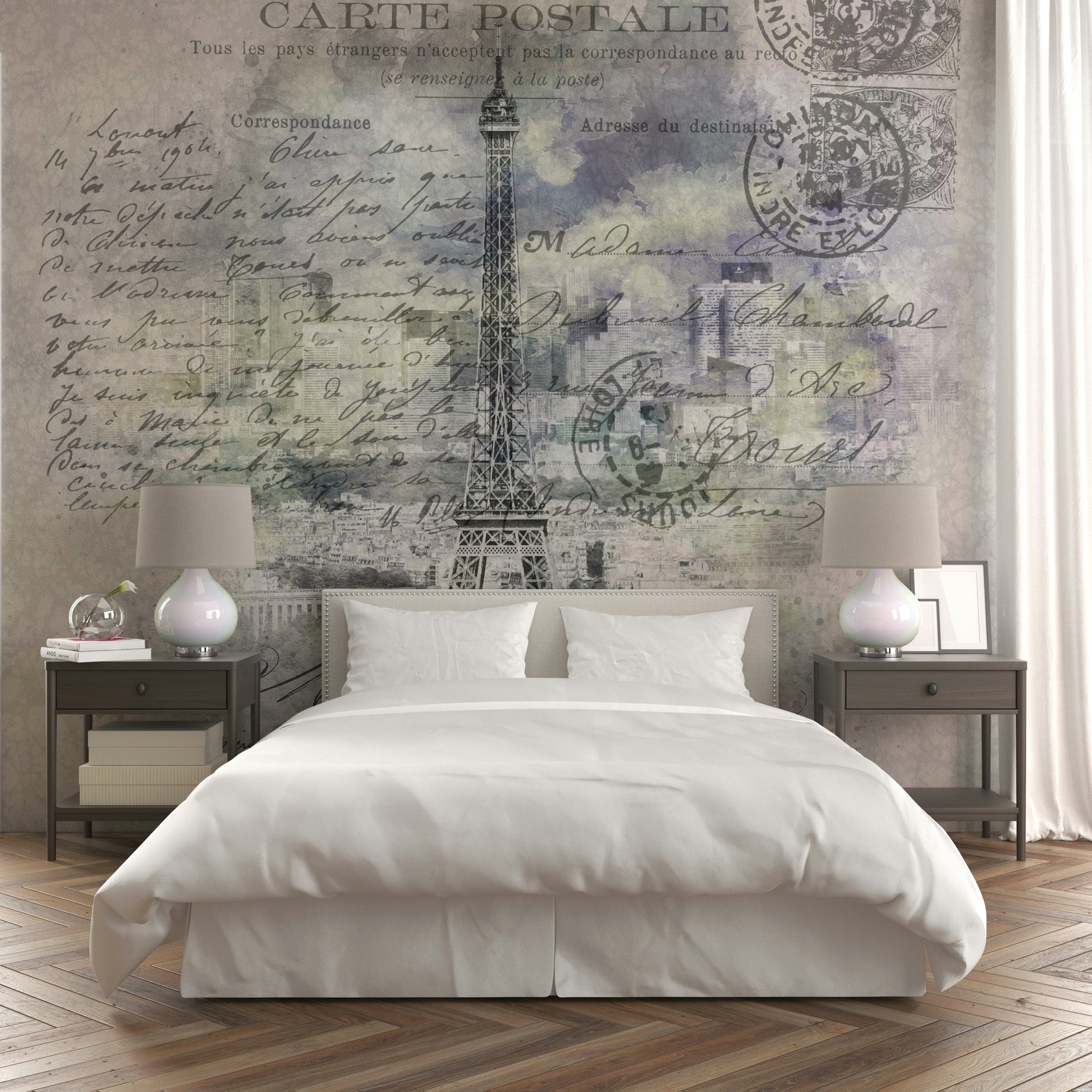 Paris cityscape mural with collage-style layering


