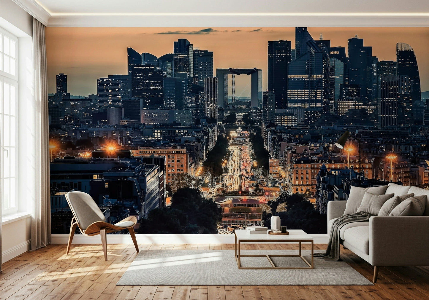 Panoramic City of Lights wallpaper mural displaying twilight glow.
