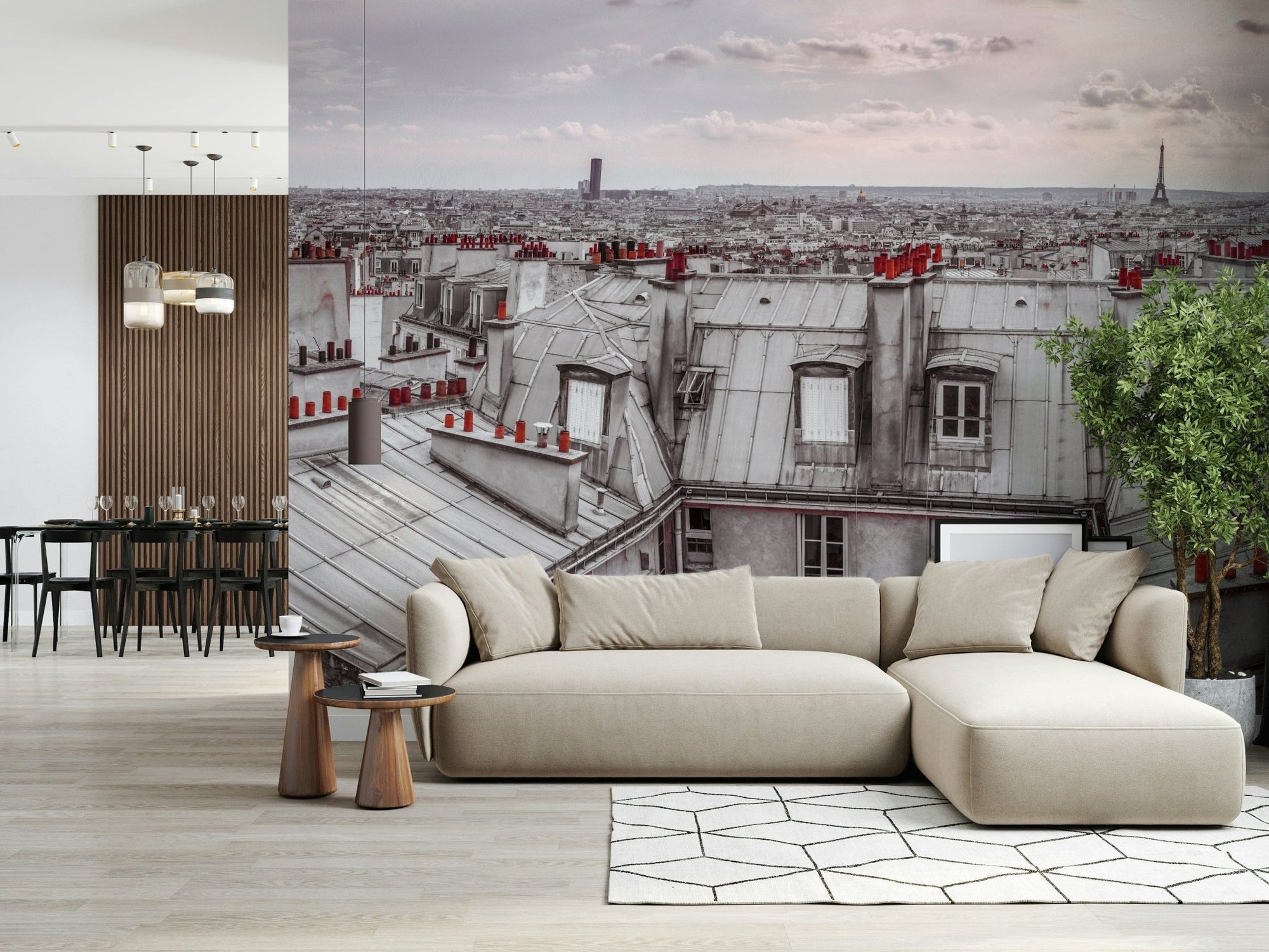 Paris Love wallpaper mural of grey Parisian rooftops and Eiffel Tower behind a beige sectional sofa in a living room