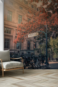 Parisian Metro Charm wall art, vintage bikes, sepia architectural style.