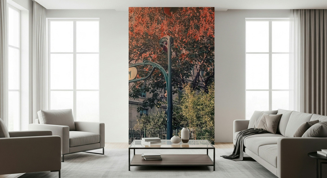 Parisian Metro Charm wallpaper mural, vintage station entrance, autumn trees.
