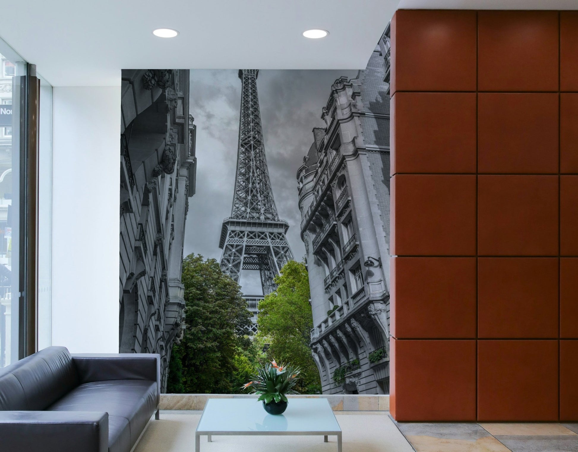 A wall mural featuring a romantic, classic city view.

