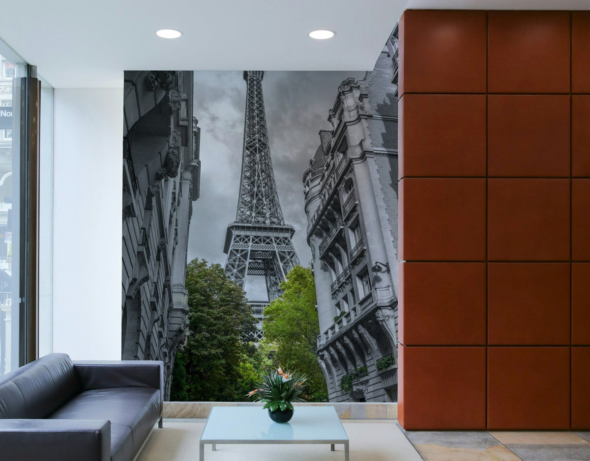 A wall mural featuring a romantic, classic city view.


