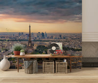 Custom mural Paris Panorama Sunset dramatic sky sunset hues design.
