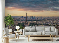 Paris Panorama Sunset peel and stick towering Eiffel structure capital.