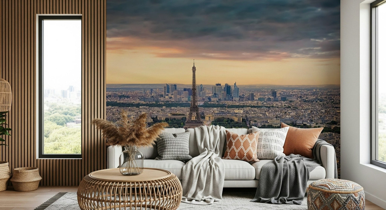 Wall mural Paris Panorama Sunset vista iconic Eiffel Tower at dusk.
