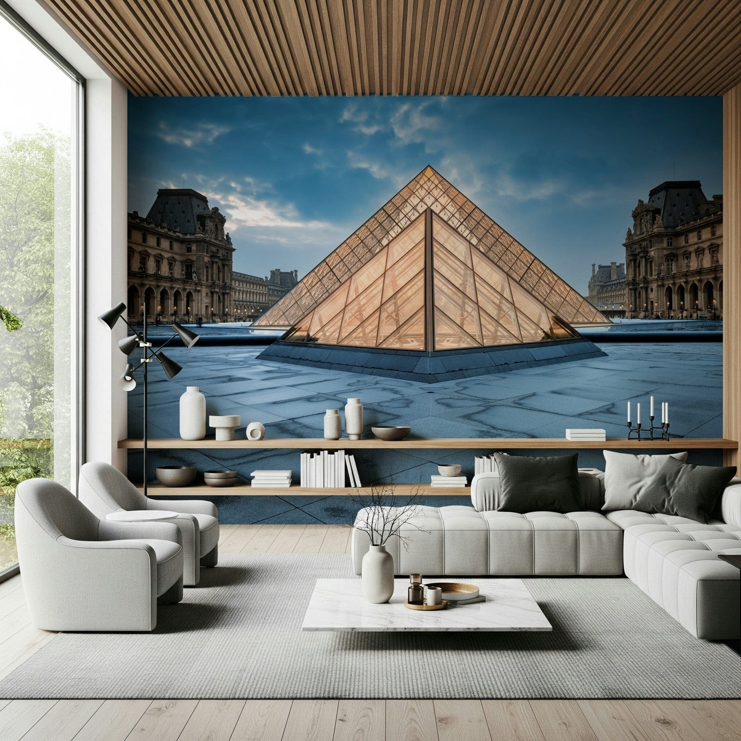Architectural Paris Wall Mural – Detailed design with the glass pyramid and museum courtyard for a refined aesthetic.