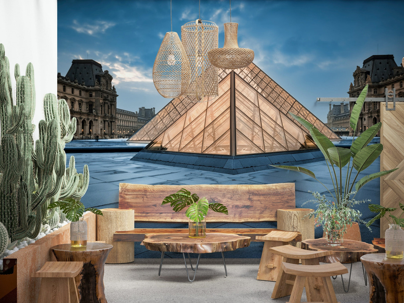 Parisian Pyramid Wall Mural – Stunning mural featuring the Louvre Pyramid in Paris with elegant architectural details.
