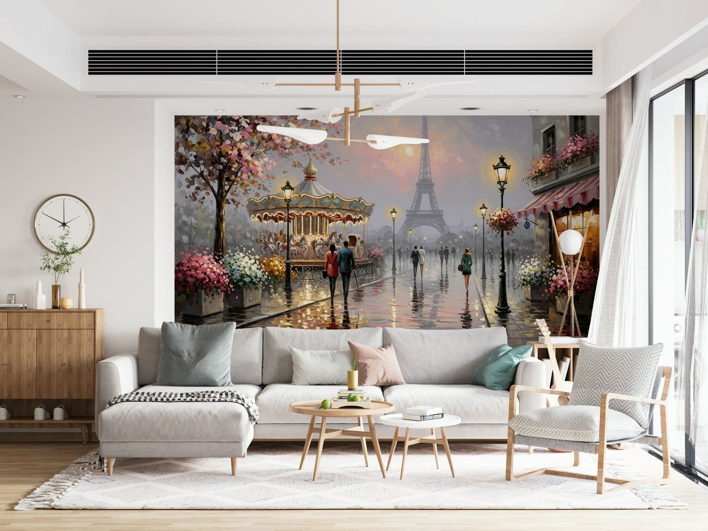 Luminous street lamps brighten Retro Geo Blush wall mural rainy walkways.