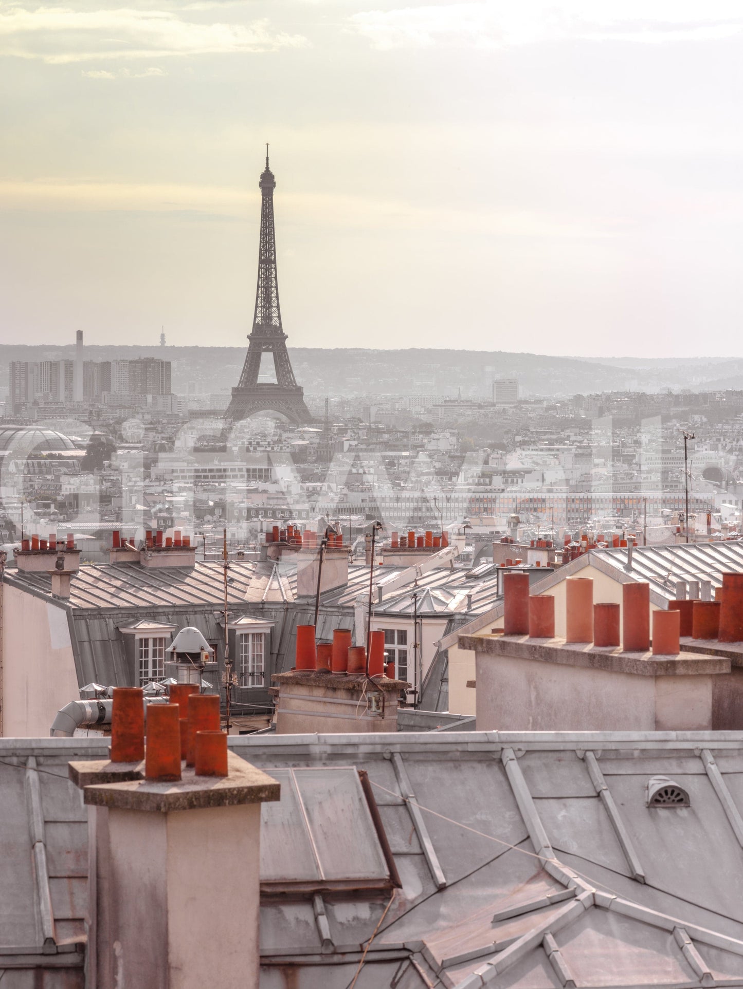 Soft sunset sky Parisian Rooftops wallpaper for walls mural.
