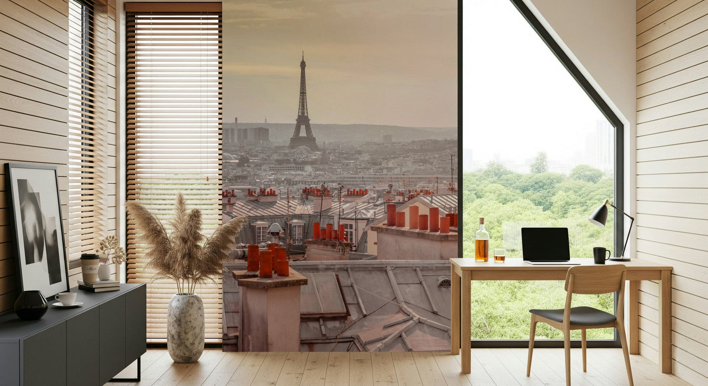 Elevated city perspective Parisian Rooftops wall mural focal point.