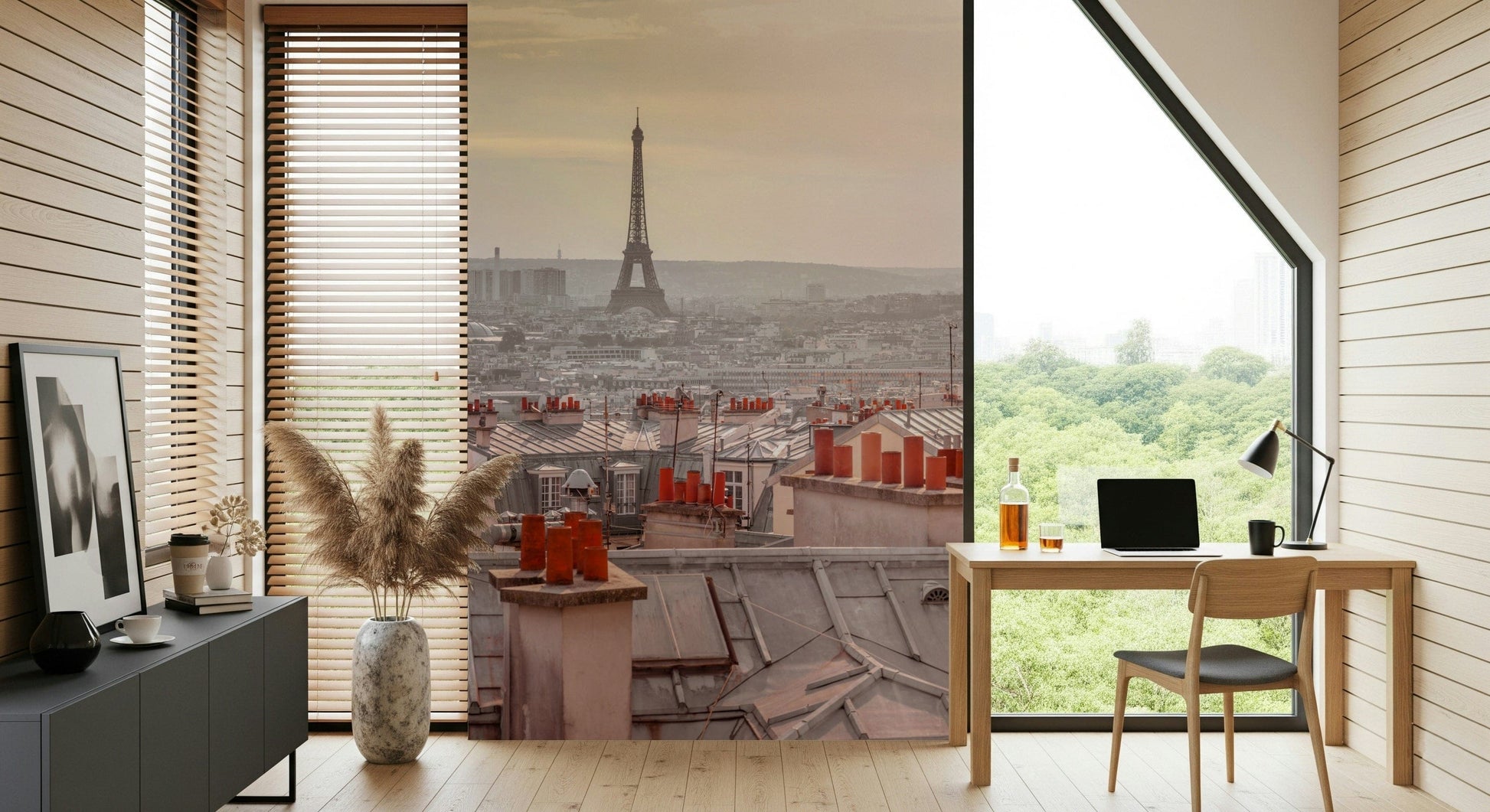 Elevated city perspective Parisian Rooftops wall mural focal point.