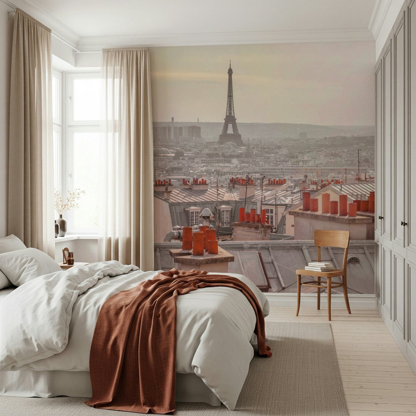 Romantic misty horizon Parisian Rooftops peel and stick wallpaper.