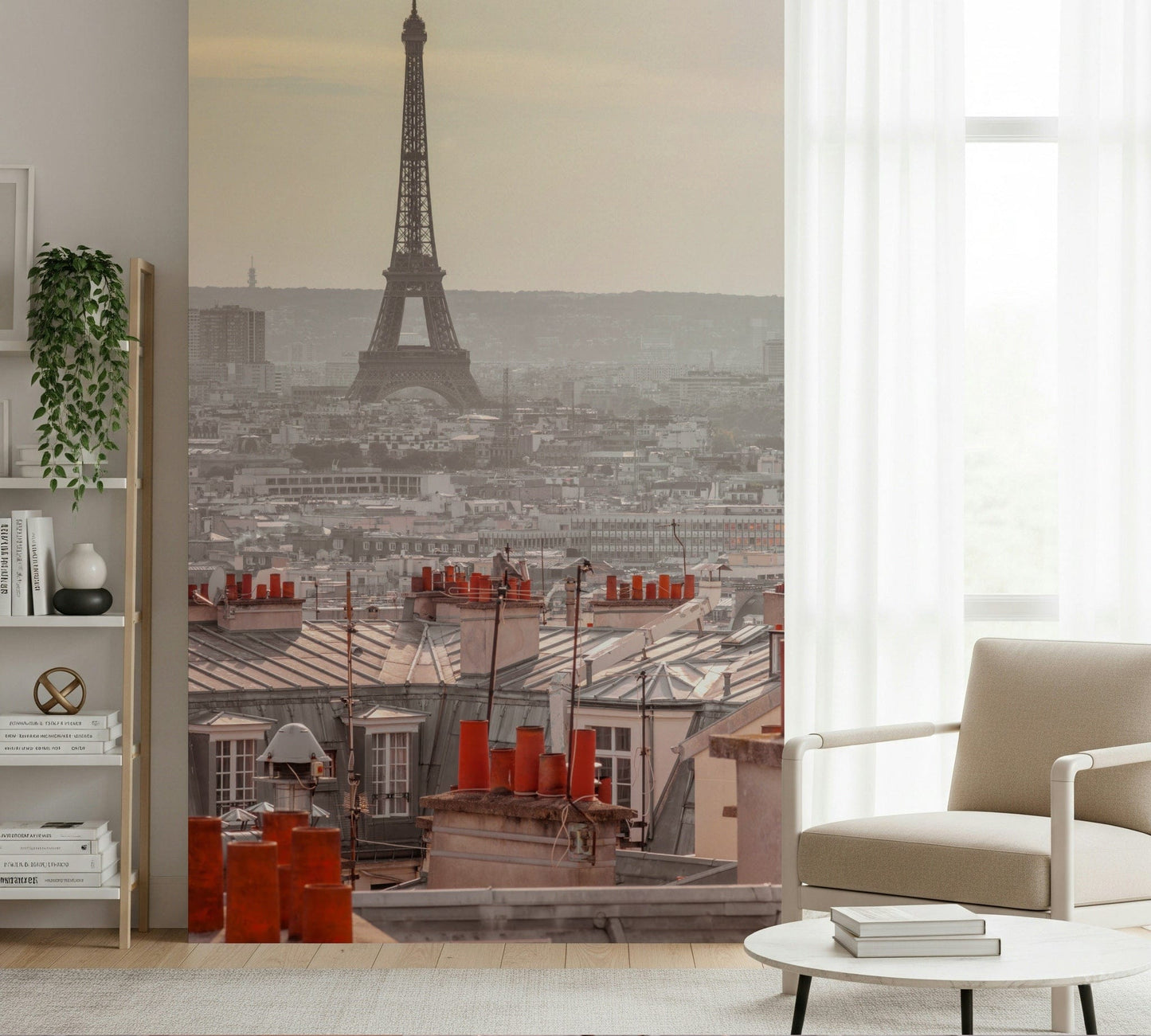 Iconic iron tower backdrop Parisian Rooftops wallpaper for walls.