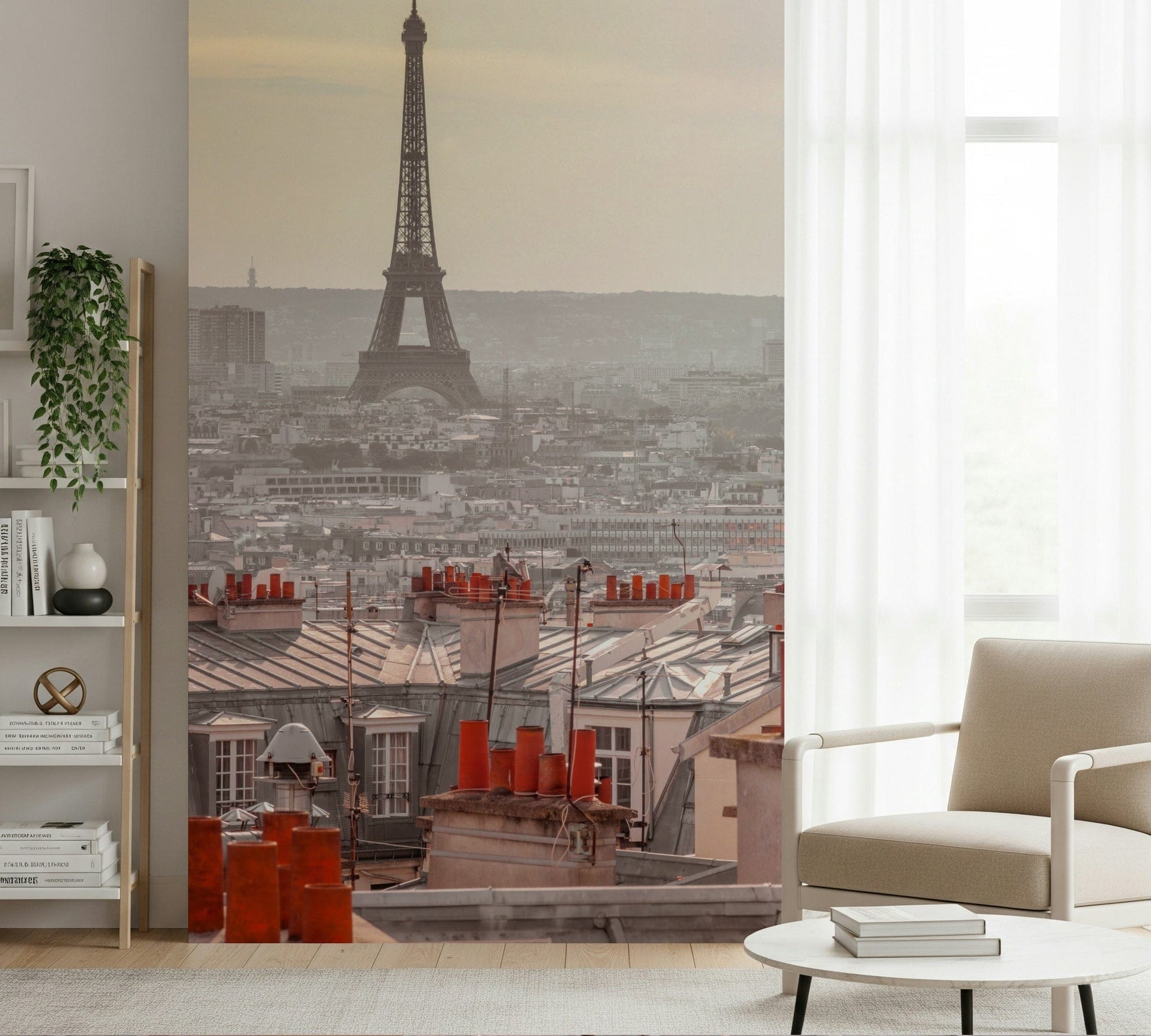 Iconic iron tower backdrop Parisian Rooftops wallpaper for walls.