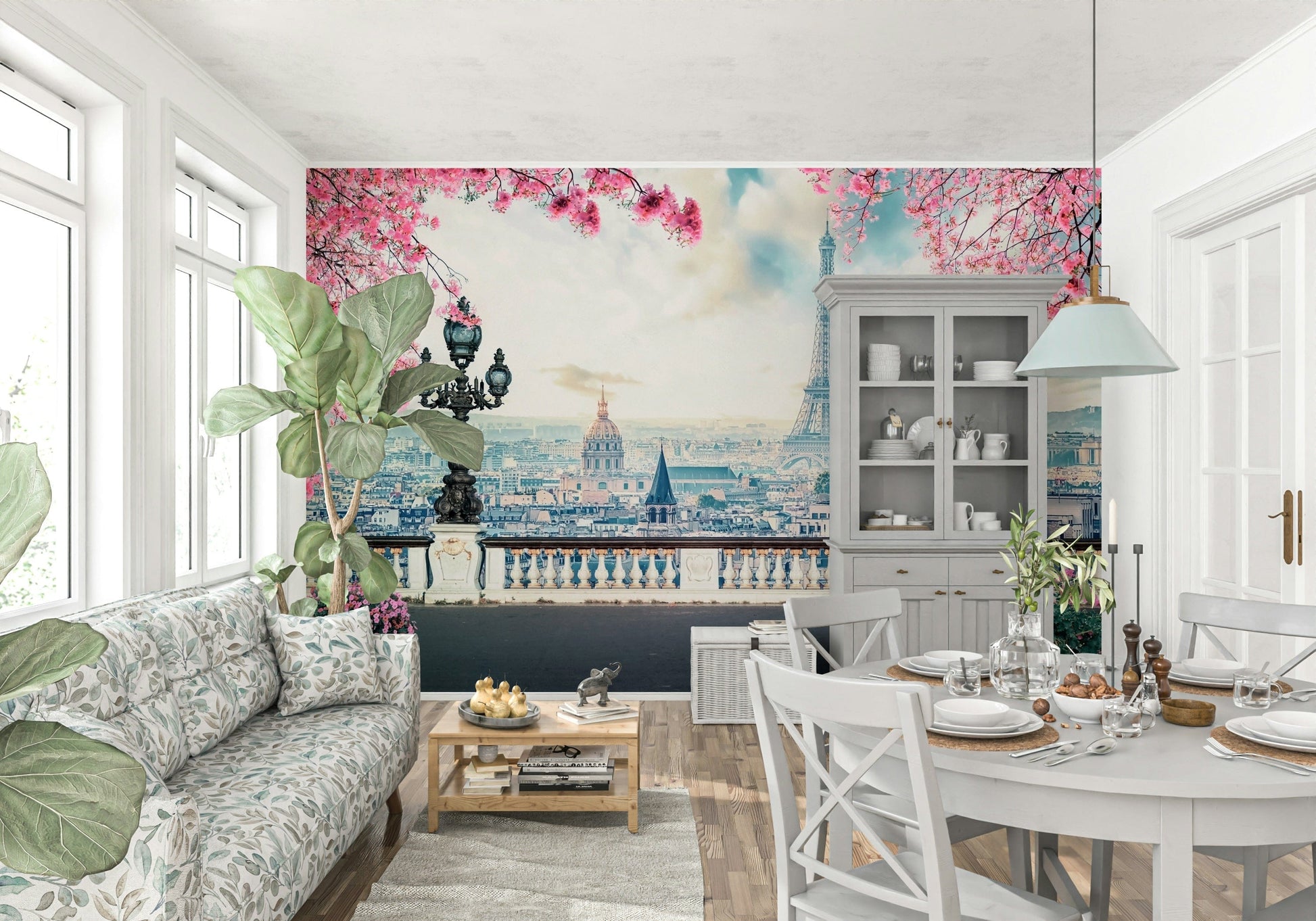 Floral wallpaper mural featuring pink Spring in Paris blooms.