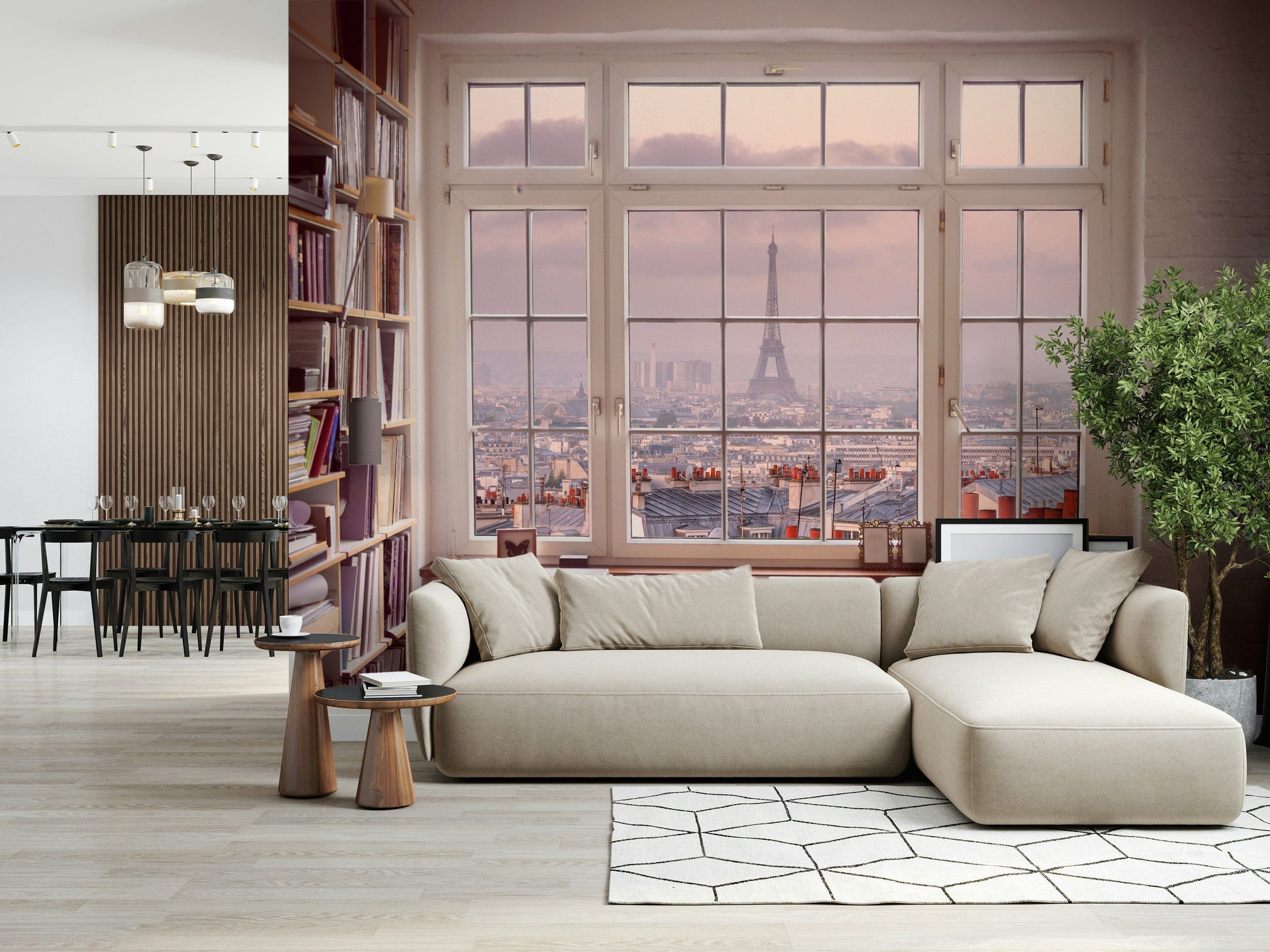 Eiffel Tower wall mural Window to Paris with vinyl record shelves.