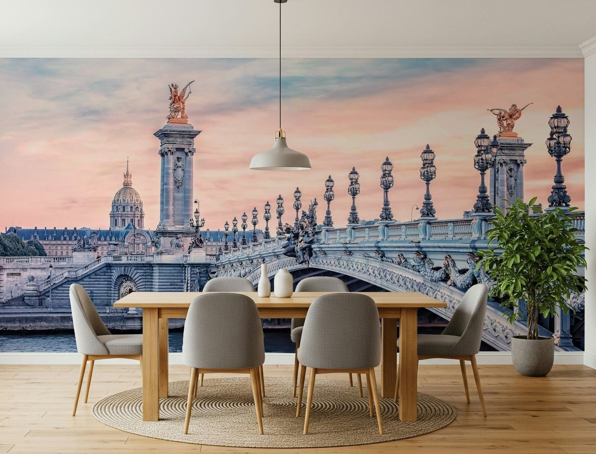 Pink clouds over Parisian Bridge Dream architectural wall mural.