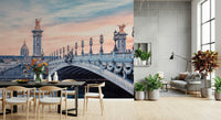 Parisian Bridge Dream sunset sky wallpaper mural for bedroom.